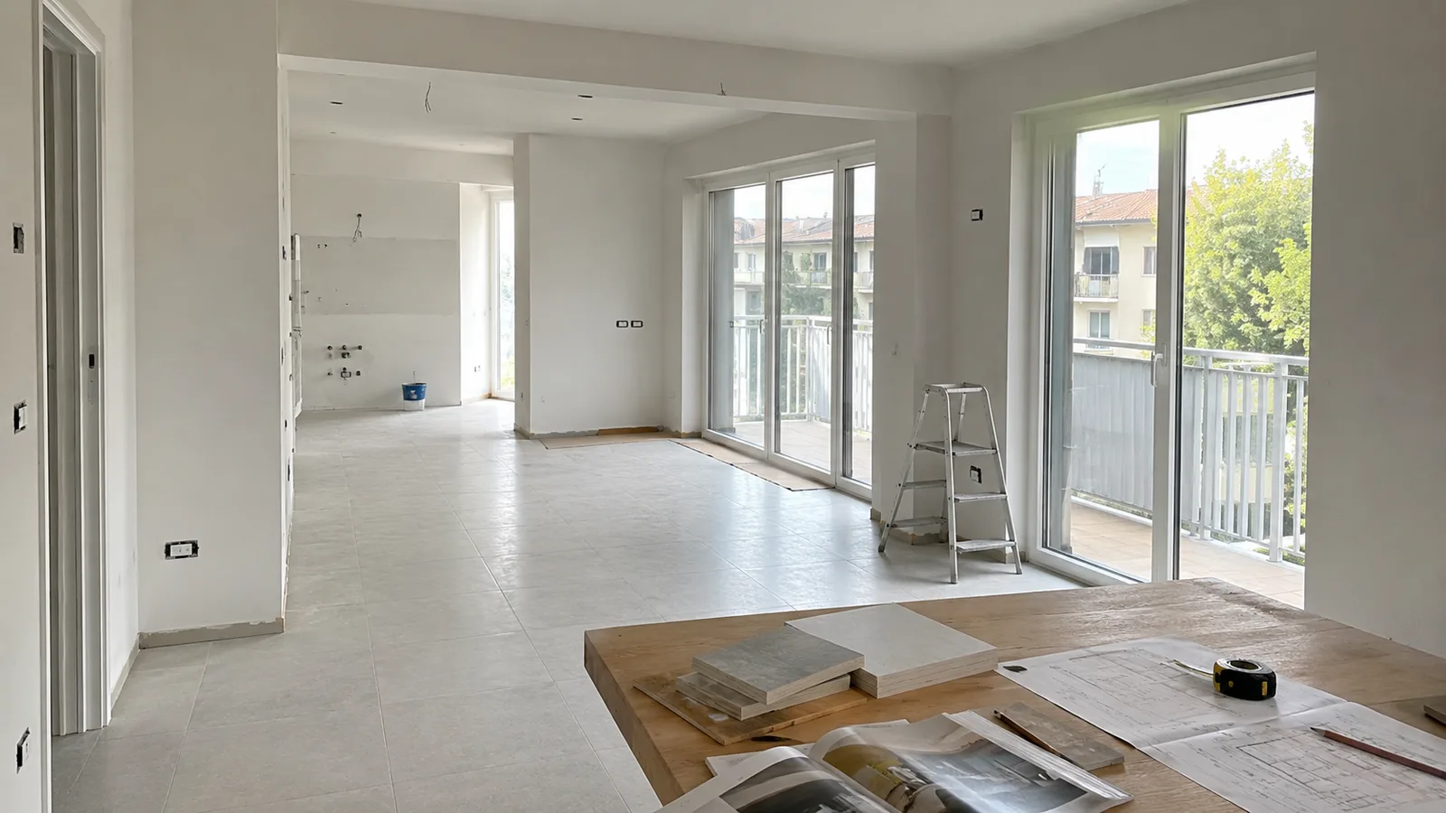 Appartamento a Brescia in ristrutturazione con pavimento gres grigio e pareti intonacate pronte per verniciatura