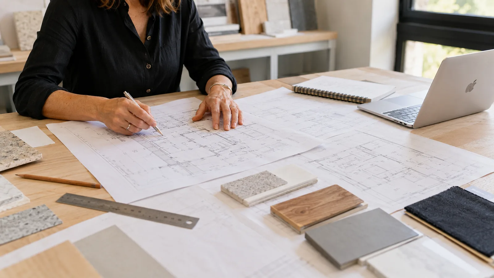 Architetto presenta progetto di ristrutturazione con piante e campionari materiali sulla scrivania