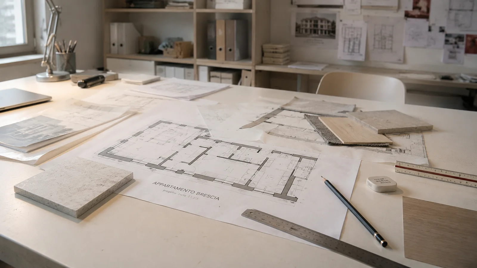 Tavole architettoniche con pianta di appartamento e campionari materiali per ristrutturazione casa a Brescia