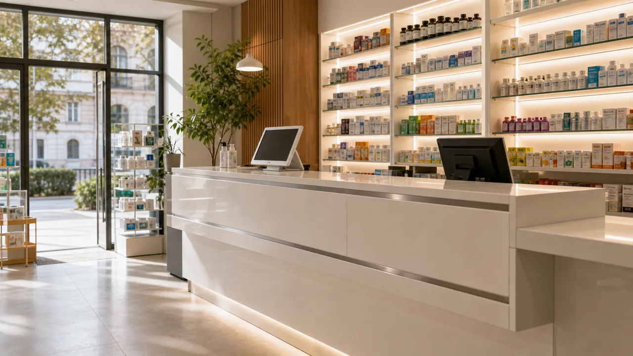 Farmacia con banco farmacisti e scaffalature retroilluminate