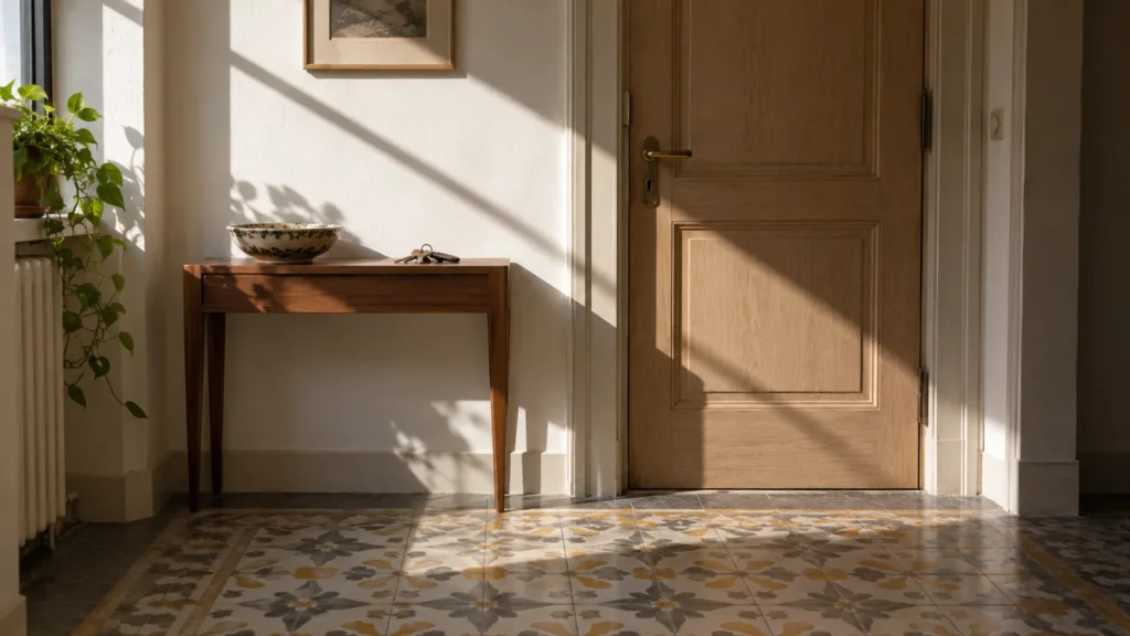Ingresso di un appartamento anni Trenta a Brescia con consolle in noce e un taglio di luce sul muro